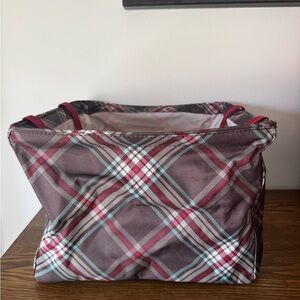 Thirty-One Gifts Square Utility Tote brown/red/tartan plaid pattern NWOT